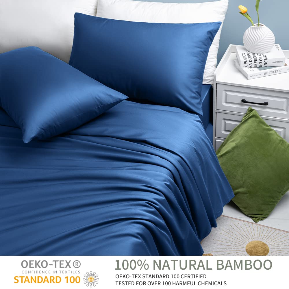 Shilucheng 100% Cooling Bamboo_ Sheets Set- Cal King Size 1800 Thread Count Soft Bed Sheets,16 Inch Deep Pocket,Breathable,Comfortable And Pilling Resistant -4Pc(Cal King,Navy Blue)